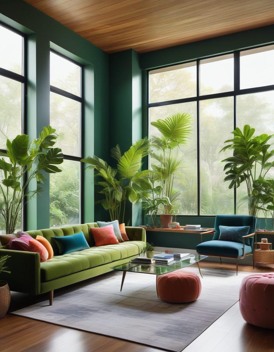 A beautifully decorated modern living room featuring stylish furniture, vibrant decor items, and innovative storage solutions. The scene includes a mix of textures like soft fabrics and sleek glass surfaces, with plenty of natural light streaming through large windows. Add plants for a fresh touch, and a cozy reading nook in the corner. modern design elements. super-realistic. vibrant colors.
