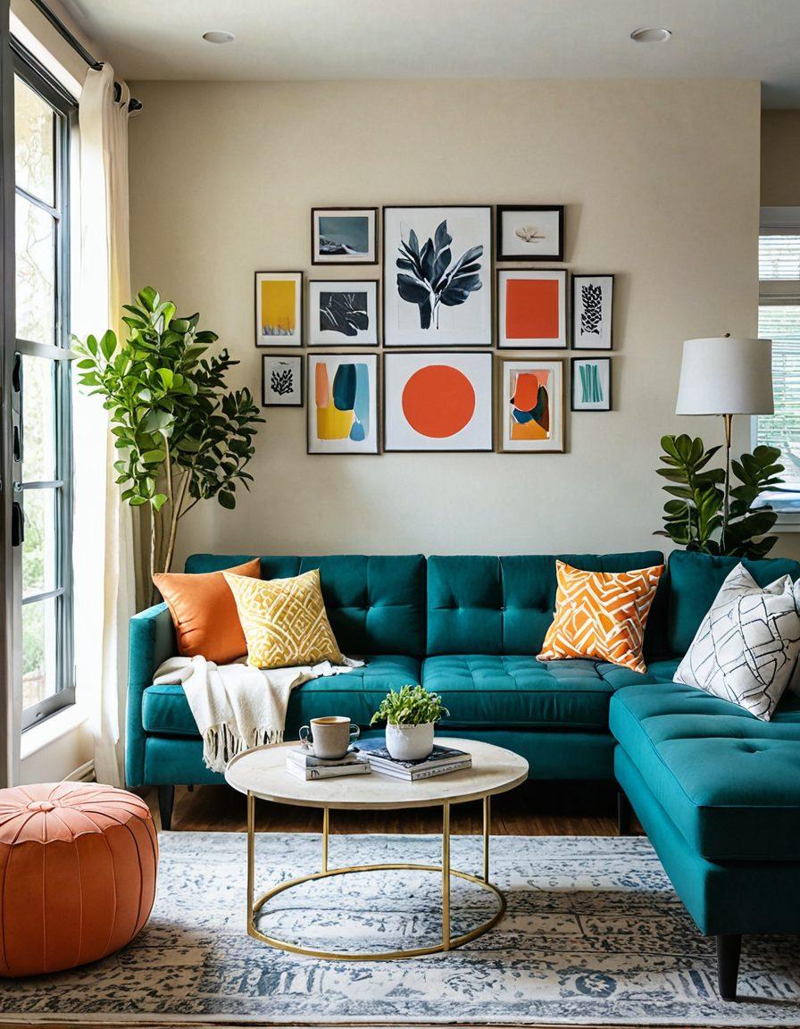 A stylish living room featuring a mix of innovative DIY home décor ideas, showcasing vibrant wall art, repurposed furniture, and greenery that adds a modern touch. Include a cozy reading nook and a pop of bold colors to inspire creativity. The setting should feel inviting and contemporary, with soft natural light streaming through large windows. painting. vibrant colors. modern art style.
