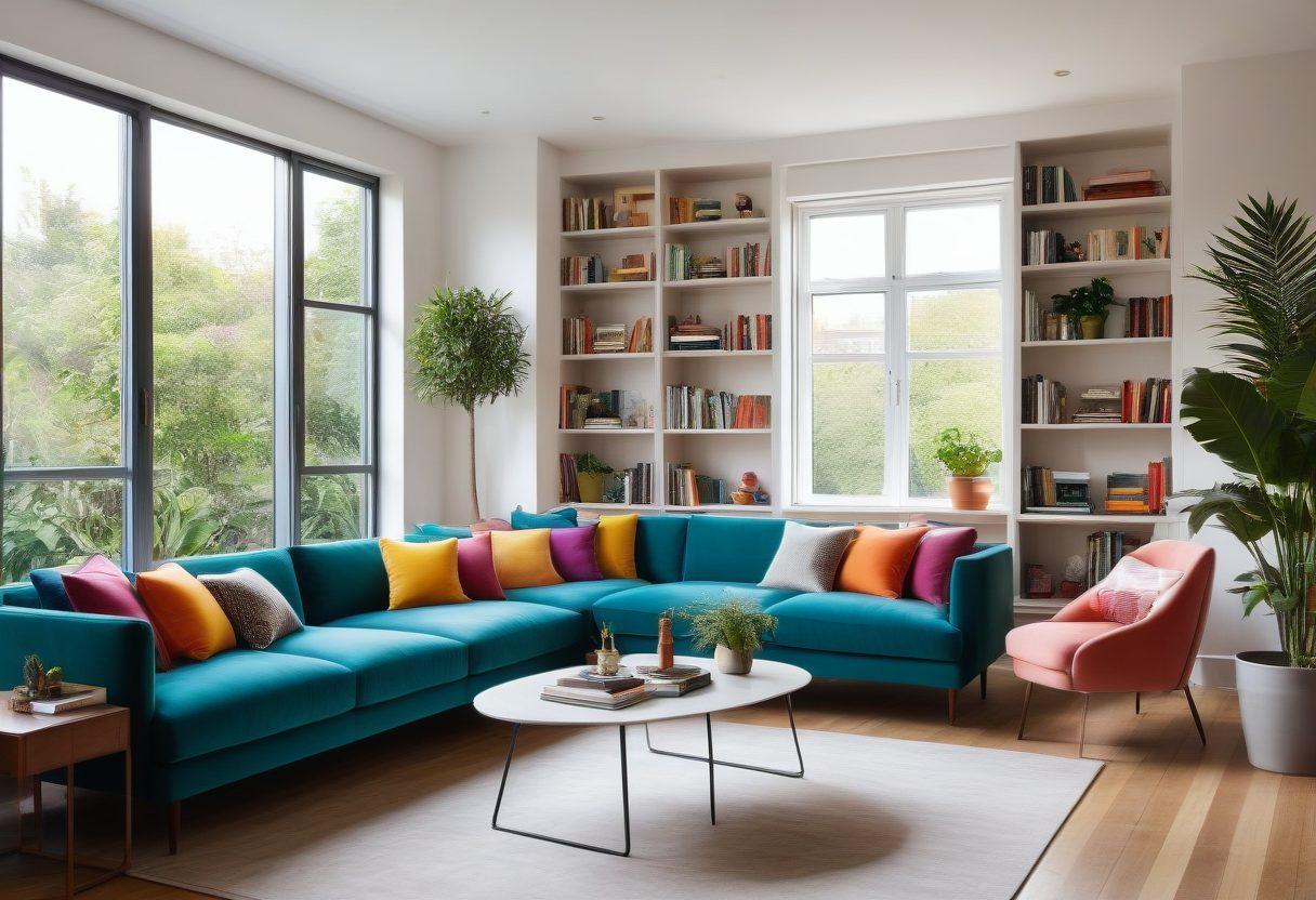 A beautifully decorated modern living room showcasing a mix of contemporary furniture, vibrant artwork, and clever organization solutions. Include a cozy seating area with stylish cushions, an elegant bookshelf filled with decor and books, and indoor plants adding greenery. The room should have large windows allowing natural light to flood in, creating an inviting atmosphere. Super-realistic. Vibrant colors. Soft lighting.